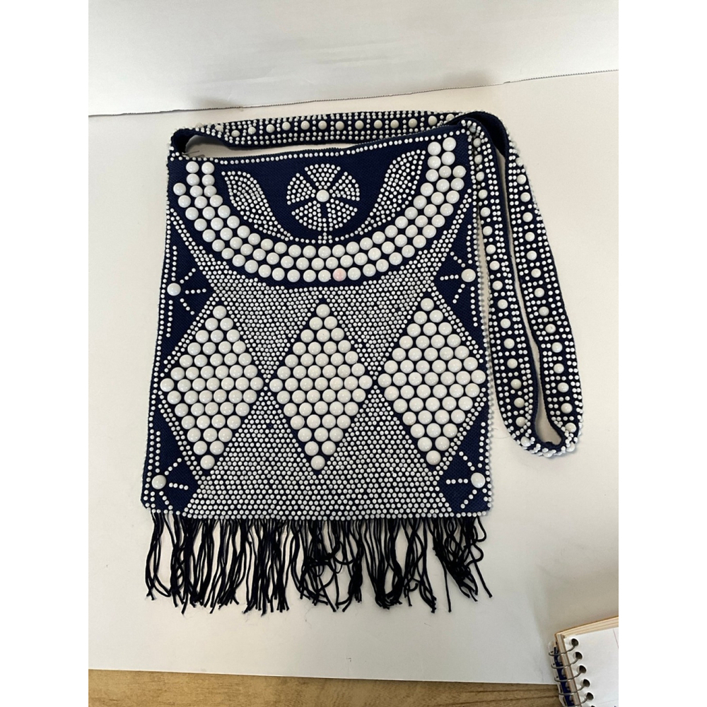 Vintage Retro Blue & White Beaded Shoulder Bag
